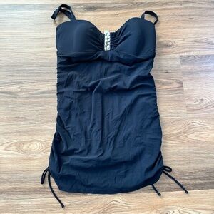 Badgley Mischka One Piece Swimdress Swimsuit Black‎ Beaded Cinch Sides Beach 10